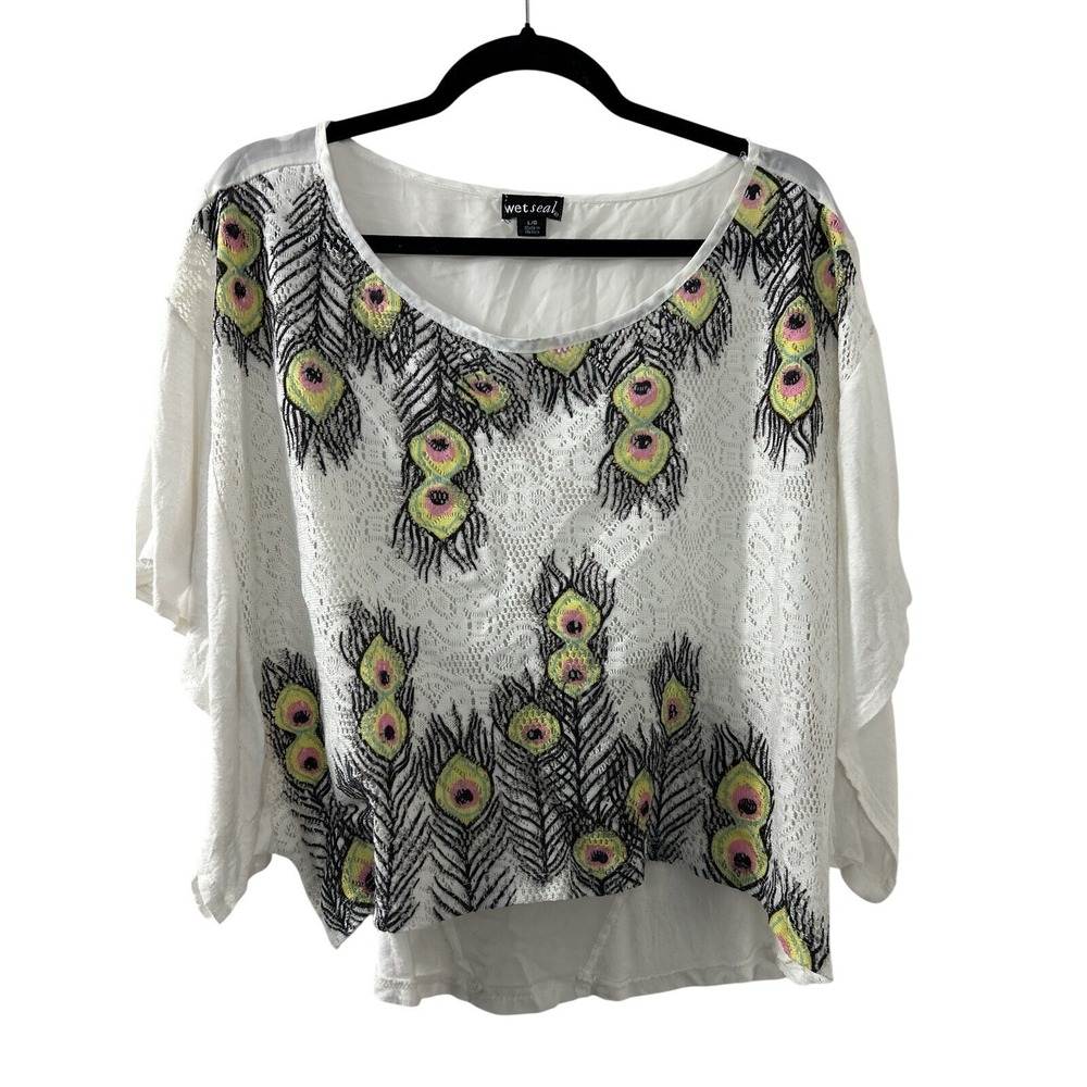 Wet Seal Peacock Feather Lace Top L‎ White Sheer Dolman Boho Fairycore Festival
